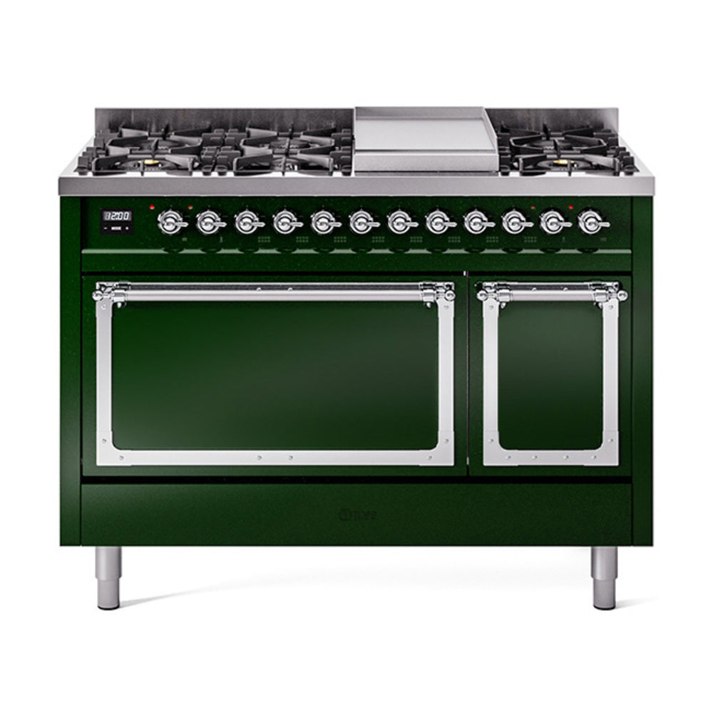 ILVE Nostalgie II Noblesse 48-Inch Dual Fuel Freestanding Range with Solid Door Oven in Emerald Green with Chrome Trim (UN48FQNMPEGCLP)