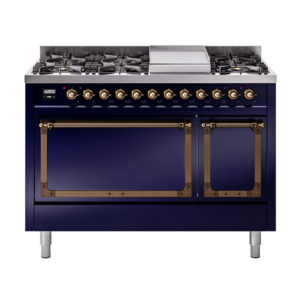 ILVE Nostalgie II Noblesse 48-Inch Freestanding Dual Fuel Range, Solid Door, Midnight Blue with Burnished Bronze Trim (UN48FQNMPMBBLP)