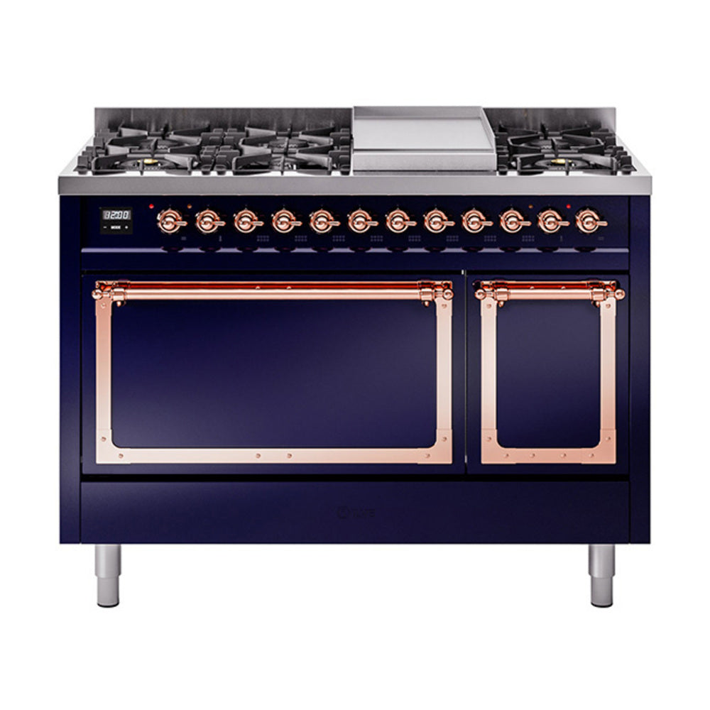 ILVE Nostalgie II Noblesse 48-Inch Freestanding Natural Gas Dual Fuel Range with Solid Door Oven in Midnight Blue with Copper Trim (UN48FQNMPMBP)