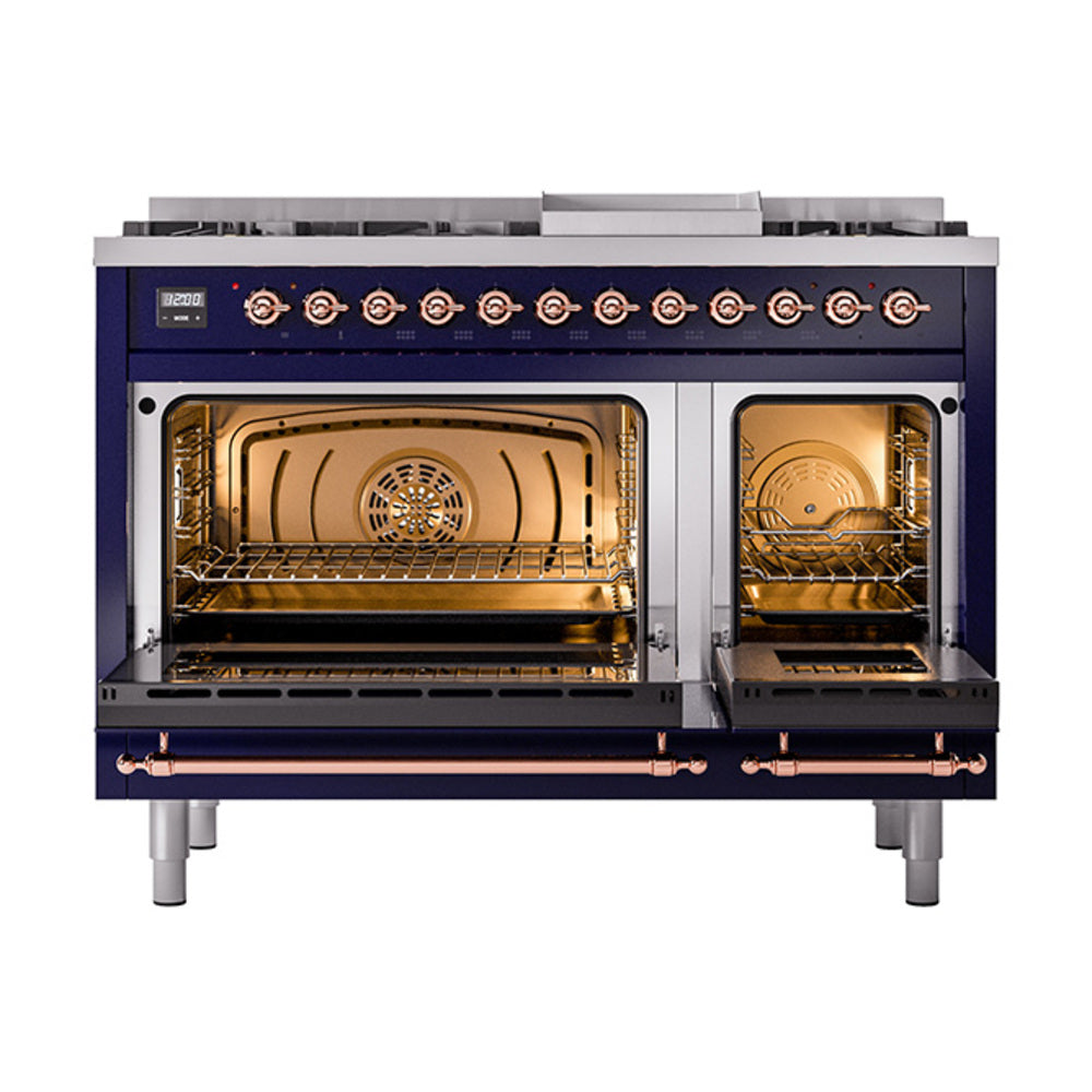 ILVE Nostalgie II Noblesse 48-Inch Dual Fuel Freestanding Range with Solid Door Oven in Midnight Blue with Copper Trim (UN48FQNMPMBPLP)