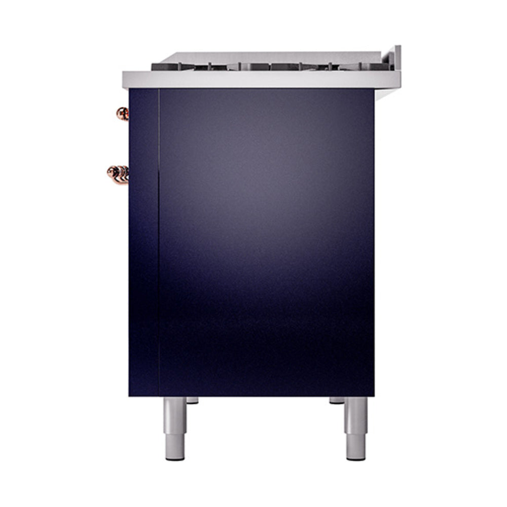 ILVE Nostalgie II Noblesse 48-Inch Dual Fuel Freestanding Range with Solid Door Oven in Midnight Blue with Copper Trim (UN48FQNMPMBPLP)