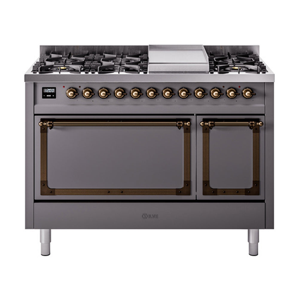 ILVE Nostalgie II Noblesse 48-Inch Dual Fuel Freestanding Range with Solid Door Oven in Matte Graphite with Burnished Bronze Trim (UN48FQNMPMGBLP)