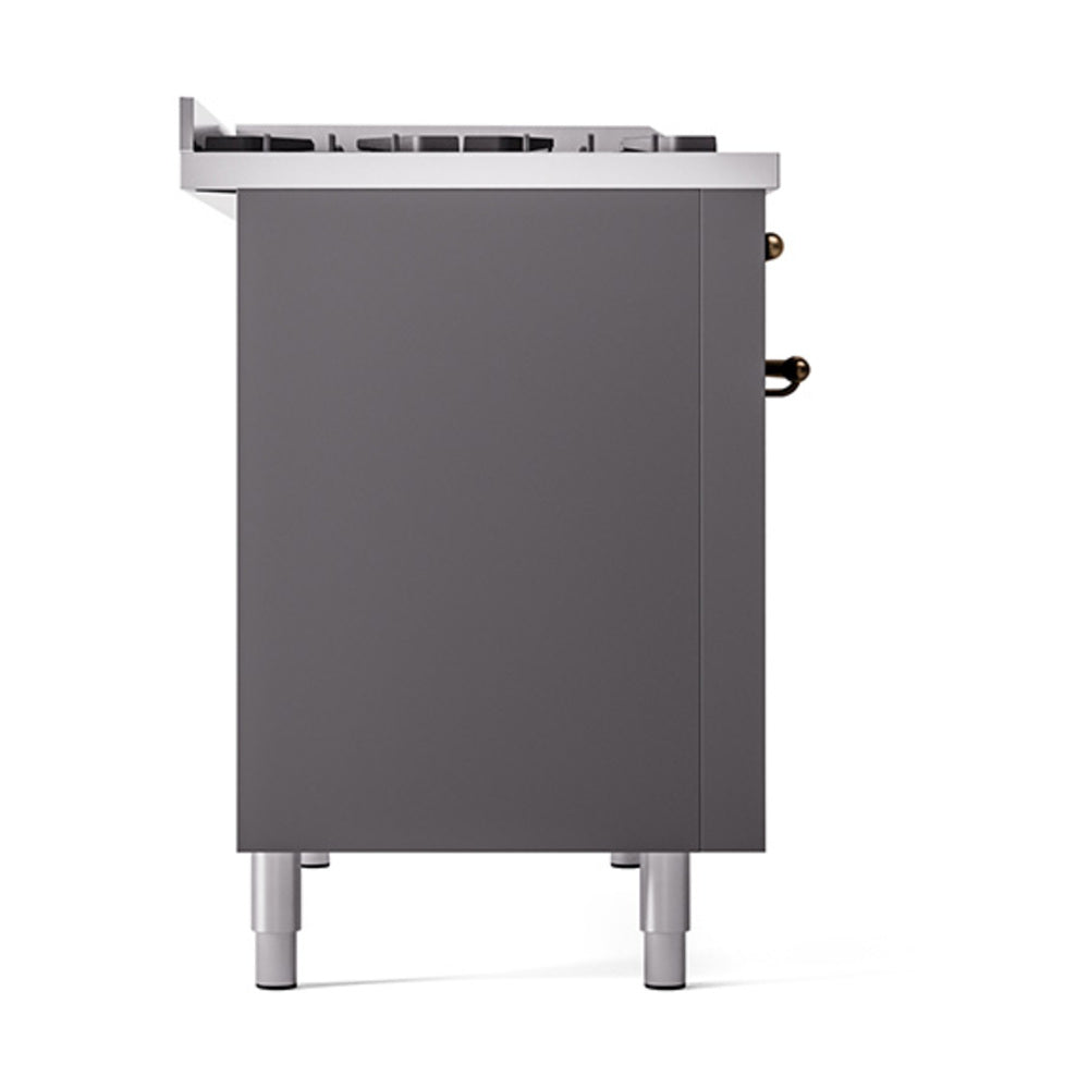 ILVE Nostalgie II Noblesse 48-Inch Freestanding Natural Gas Dual Fuel Range with Solid Door Oven in Matte Graphite with Burnished Bronze Trim (UN48FQNMPMGB)