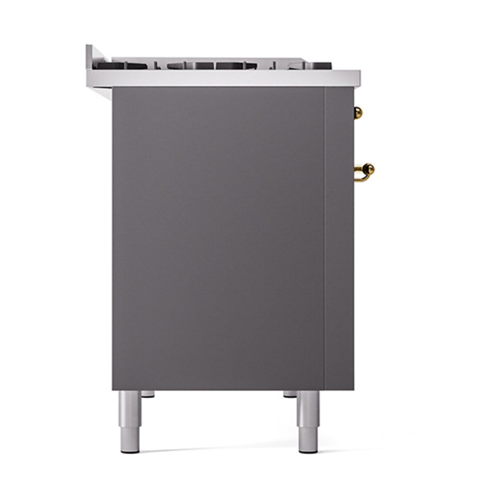 ILVE Nostalgie II Noblesse 48-Inch Dual Fuel Freestanding Range with Solid Door Oven in Matte Graphite with Brass Trim (UN48FQNMPMGGLP)