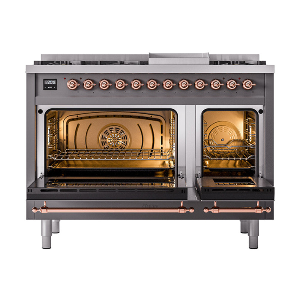 ILVE Nostalgie II Noblesse 48-Inch Dual Fuel Freestanding Range with Solid Door Oven in Matte Graphite with Copper Trim (UN48FQNMPMGPLP)