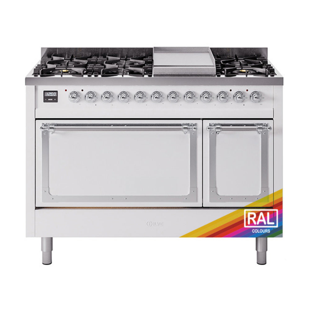 ILVE Nostalgie II Noblesse 48-Inch Freestanding Natural Gas Dual Fuel Range with Solid Door Oven in Custom RAL with Chrome Trim (UN48FQNMPRAC)