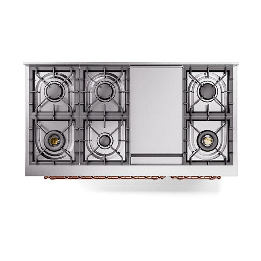 ILVE Nostalgie II Noblesse 48-Inch Freestanding Natural Gas Dual Fuel Range with Solid Door Oven in Custom RAL with Copper Trim (UN48FQNMPRAP)
