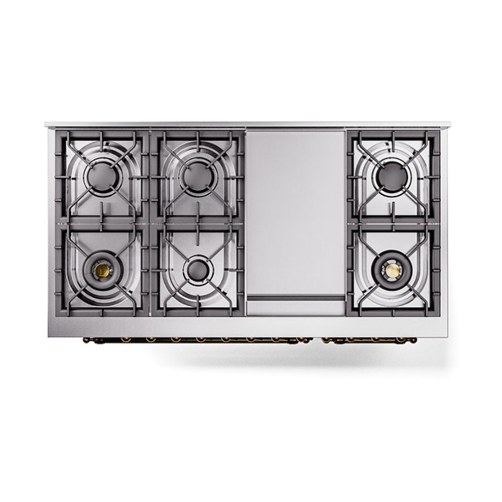 ILVE Nostalgie II Noblesse 48-Inch Dual Fuel Freestanding Range with Solid Door Oven in Stainless Steel with Burnished Bronze Trim (UN48FQNMPSSBLP)