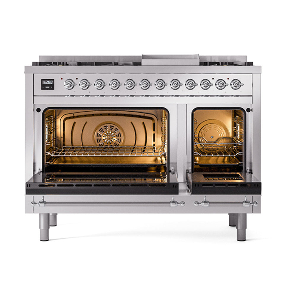 ILVE Nostalgie II Noblesse 48-Inch Dual Fuel Freestanding Range with Solid Door Oven in Stainless Steel with Chrome Trim (UN48FQNMPSSCLP)