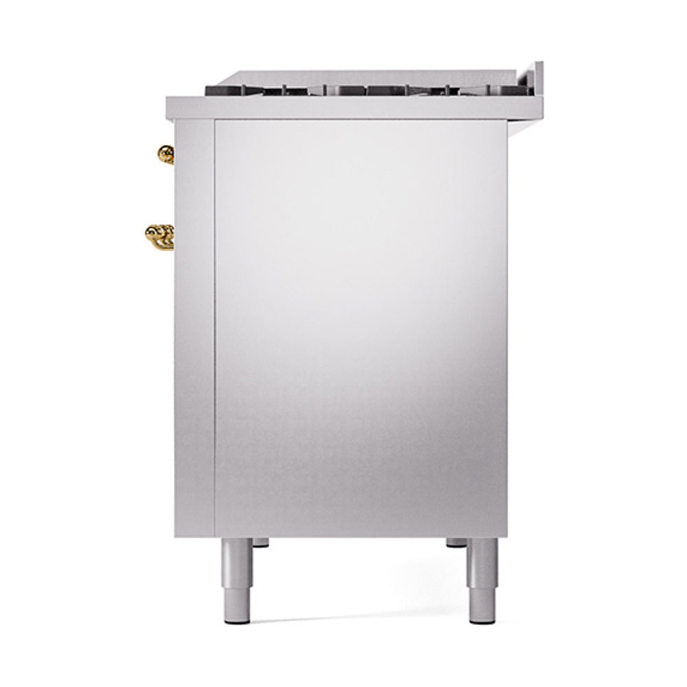 ILVE Nostalgie II Noblesse 48-Inch Dual Fuel Freestanding Range with Solid Door Oven in Stainless Steel with Brass Trim (UN48FQNMPSSGLP)