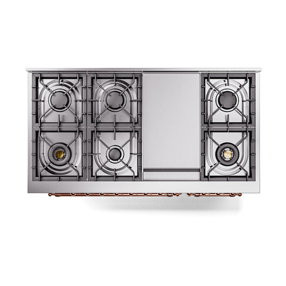 ILVE Nostalgie II Noblesse 48-Inch Dual Fuel Freestanding Range with Solid Door Oven in Stainless Steel with Copper Trim (UN48FQNMPSSPLP)