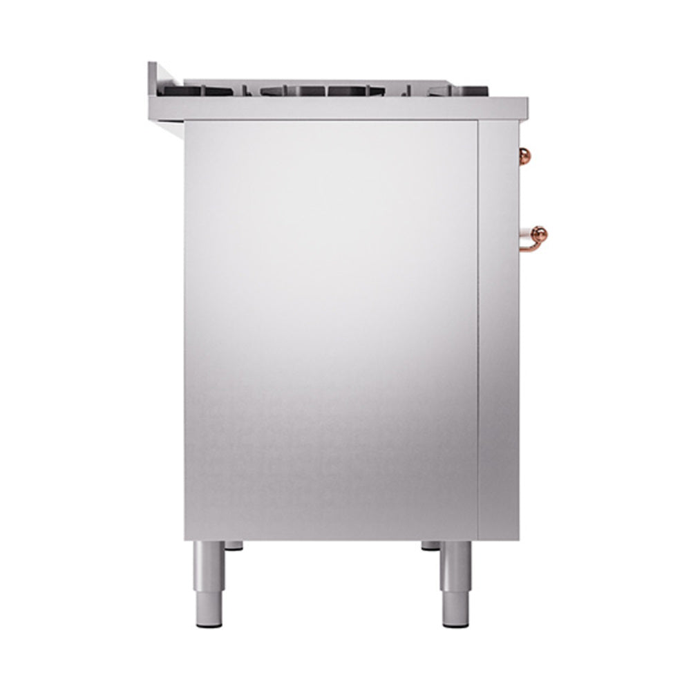 ILVE Nostalgie II Noblesse 48-Inch Dual Fuel Freestanding Range with Solid Door Oven in Stainless Steel with Copper Trim (UN48FQNMPSSPLP)