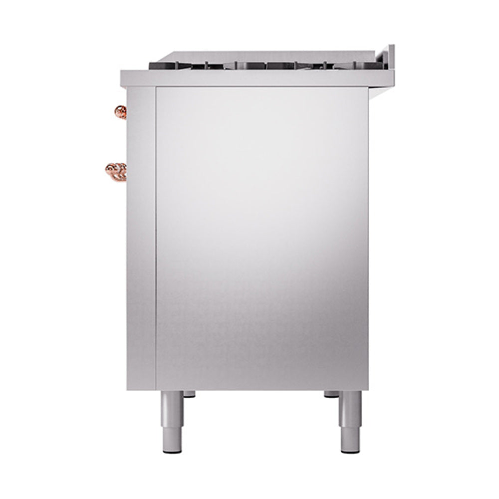 ILVE Nostalgie II Noblesse 48-Inch Dual Fuel Freestanding Range with Solid Door Oven in Stainless Steel with Copper Trim (UN48FQNMPSSPLP)