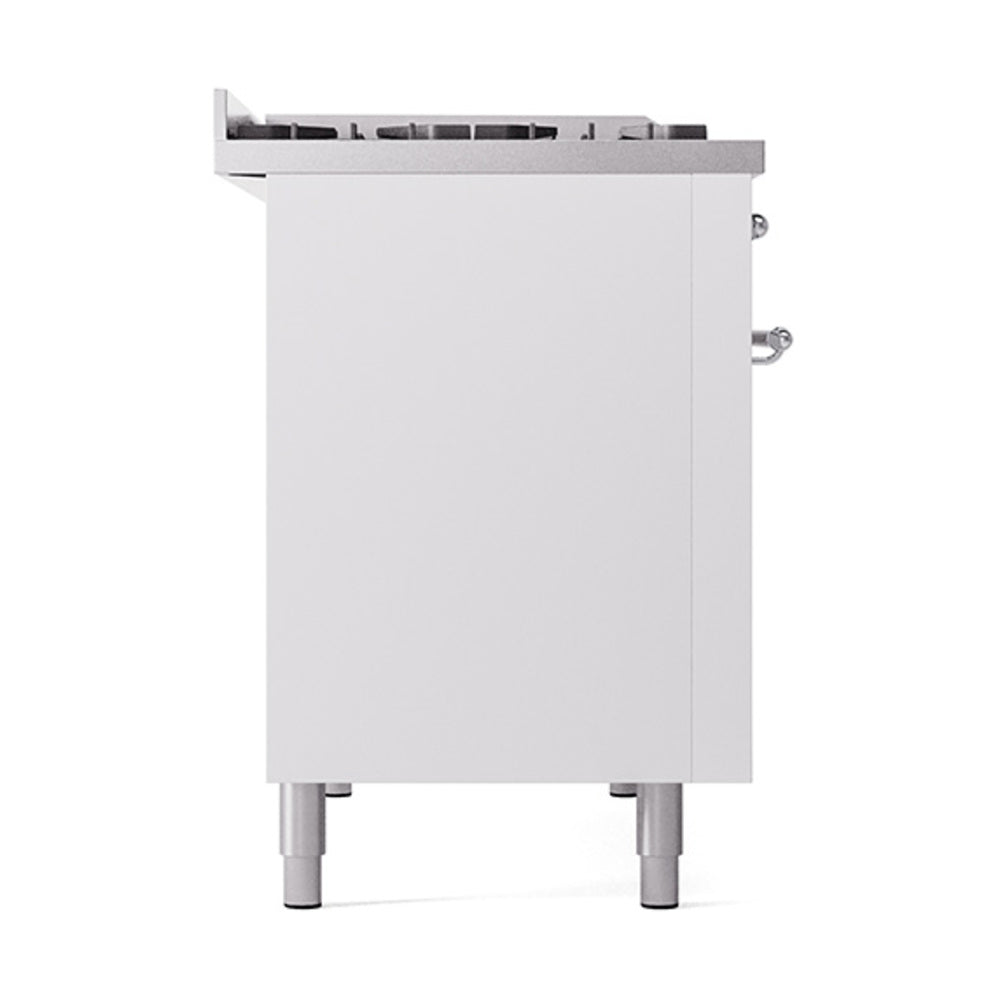 ILVE Nostalgie II Noblesse 48-Inch Dual Fuel Freestanding Range with Solid Door Oven in White with Chrome Trim (UN48FQNMPWHCLP)