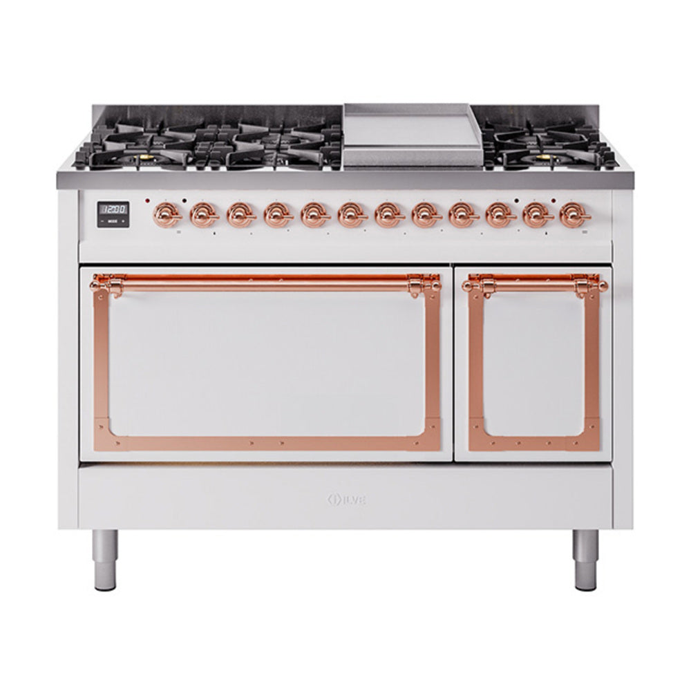 ILVE Nostalgie II Noblesse 48-Inch Freestanding Natural Gas Dual Fuel Range with Solid Door Oven in White with Copper Trim (UN48FQNMPWHP)