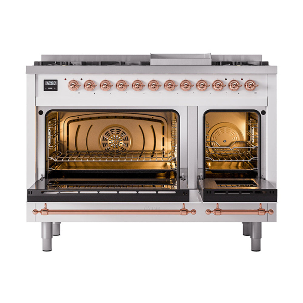 ILVE Nostalgie II Noblesse 48-Inch Dual Fuel Freestanding Range with Solid Door Oven in White with Copper Trim (UN48FQNMPWHPLP)