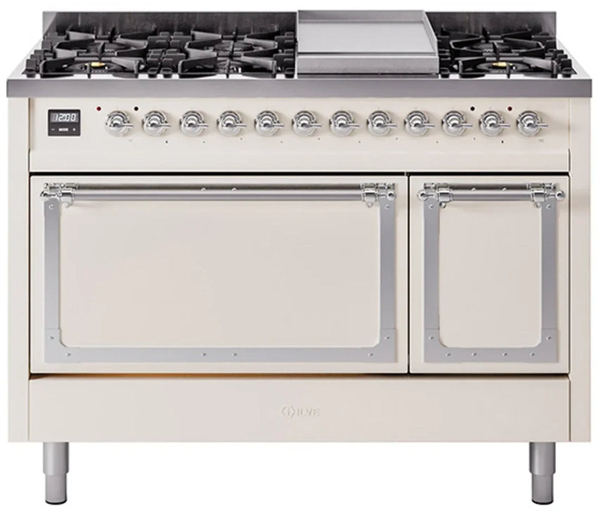 ILVE Nostalgie II Noblesse 48-Inch Dual Fuel Freestanding Range with Solid Door Oven in Antique White with Chrome Trim (UN48FQNMPAWCLP)