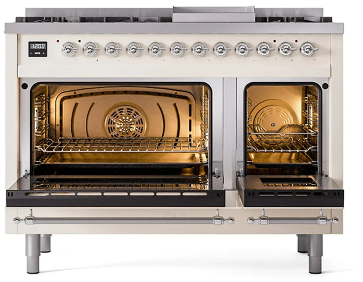 ILVE Nostalgie II Noblesse 48-Inch Freestanding Natural Gas Dual Fuel Range with Solid Door Oven in Antique White with Chrome Trim (UN48FQNMPAWC)
