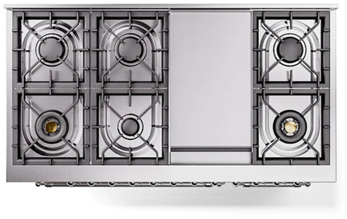 ILVE Nostalgie II Noblesse 48-Inch Dual Fuel Freestanding Range with Solid Door Oven in Antique White with Chrome Trim (UN48FQNMPAWCLP)