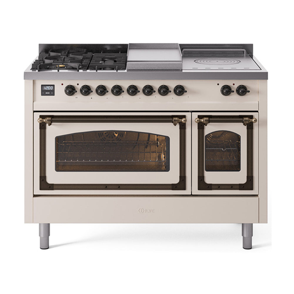 ILVE Nostalgie II Noblesse 48-Inch Natural Gas Dual Fuel Range with 5 Burners, Griddle, & French Top with Triple Glass Door Oven in Antique White with Burnished Bronze Trim (UN48FSNMPAWB)