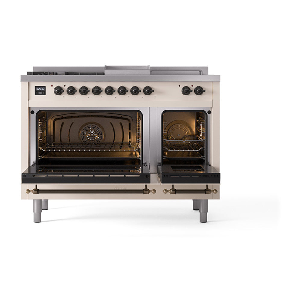 ILVE Nostalgie II Noblesse 48-Inch Propane Gas Dual Fuel Range with 5 Burners, Griddle, & French Top with Triple Glass Door Oven in Antique White with Burnished Bronze Trim (UN48FSNMPAWBLP)