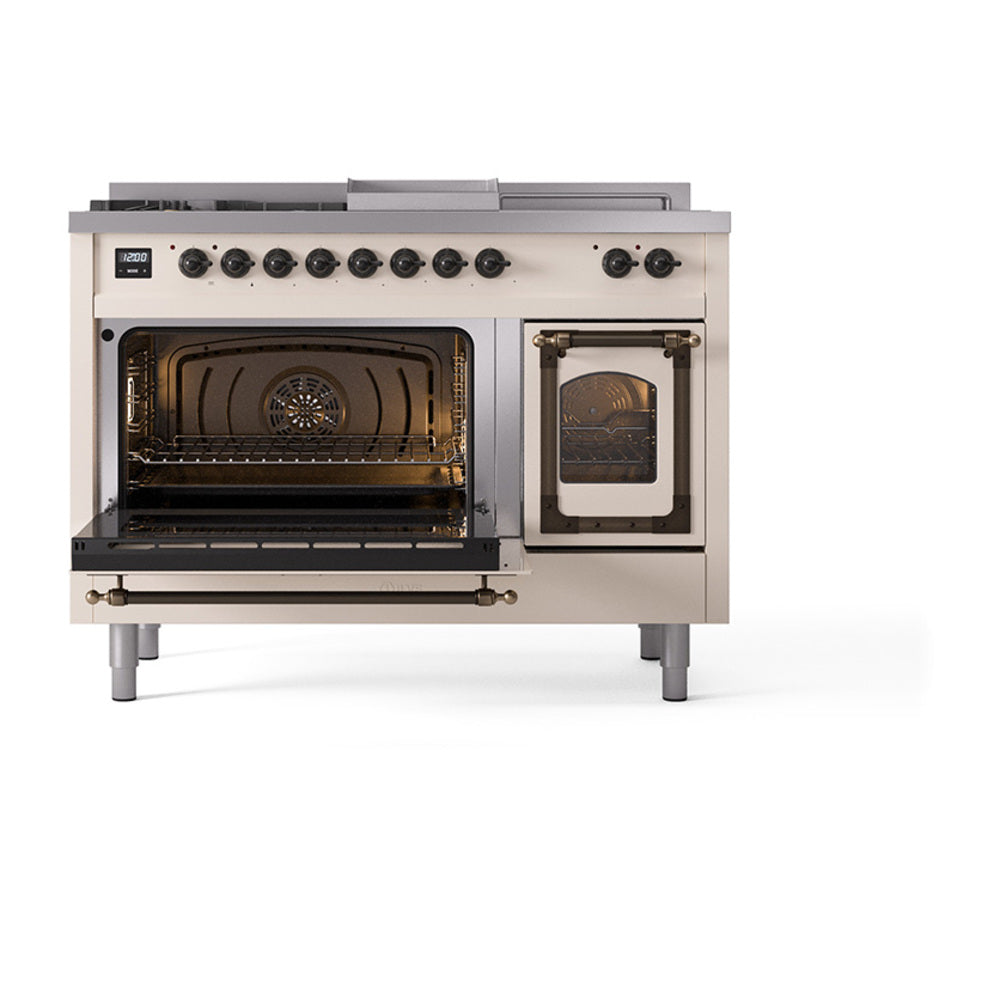 ILVE Nostalgie II Noblesse 48-Inch Propane Gas Dual Fuel Range with 5 Burners, Griddle, & French Top with Triple Glass Door Oven in Antique White with Burnished Bronze Trim (UN48FSNMPAWBLP)