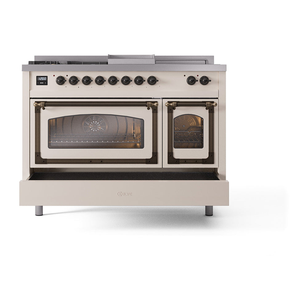 ILVE Nostalgie II Noblesse 48-Inch Propane Gas Dual Fuel Range with 5 Burners, Griddle, & French Top with Triple Glass Door Oven in Antique White with Burnished Bronze Trim (UN48FSNMPAWBLP)
