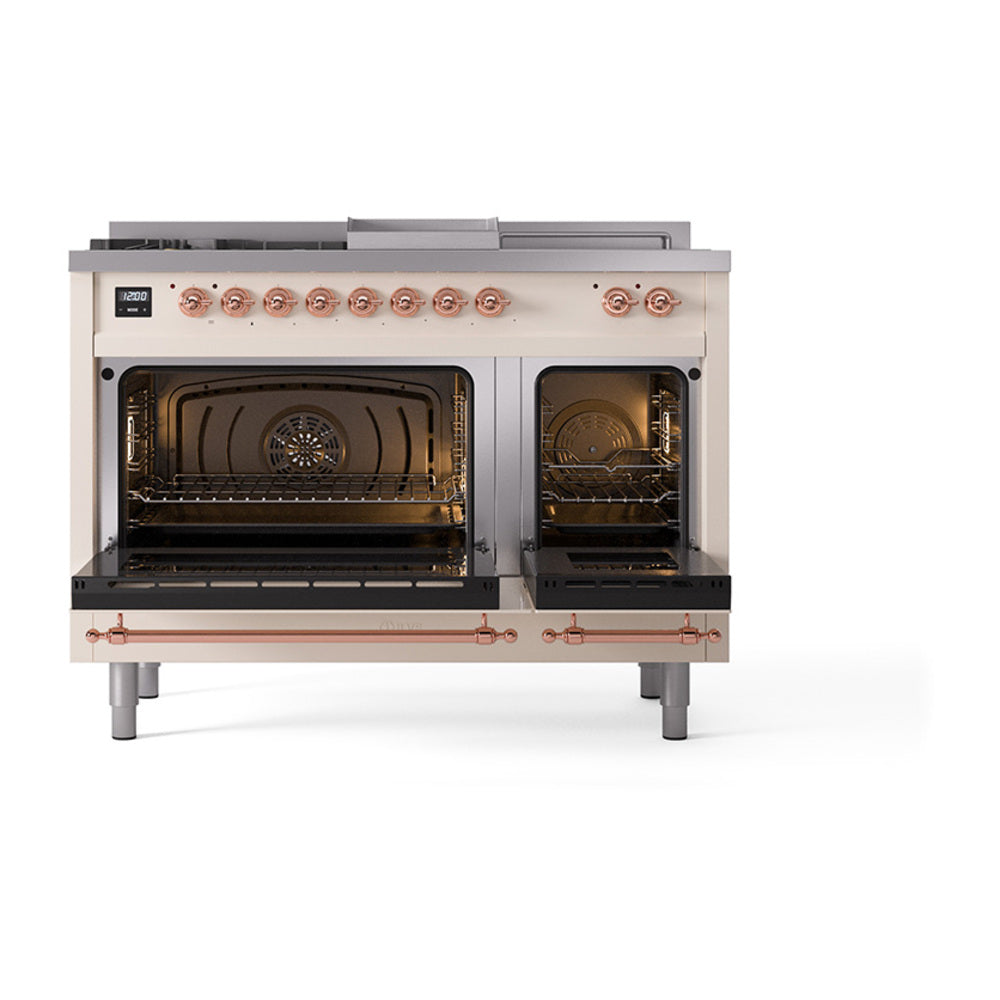 ILVE Nostalgie II Noblesse 48-Inch Propane Gas Dual Fuel Range with 5 Burners, Griddle, & French Top with Triple Glass Door Oven in Antique White with Copper Trim (UN48FSNMPAWPLP)