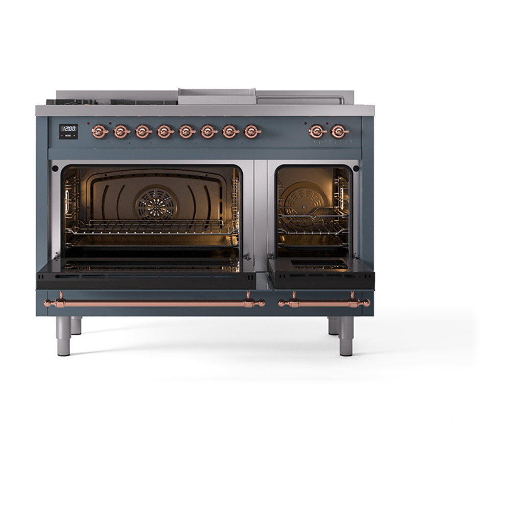 ILVE Nostalgie II Noblesse 48-Inch Natural Gas Dual Fuel Range with 5 Burners, Griddle, & French Top with Triple Glass Door Oven in Blue Grey with Copper Trim (UN48FSNMPBGP)