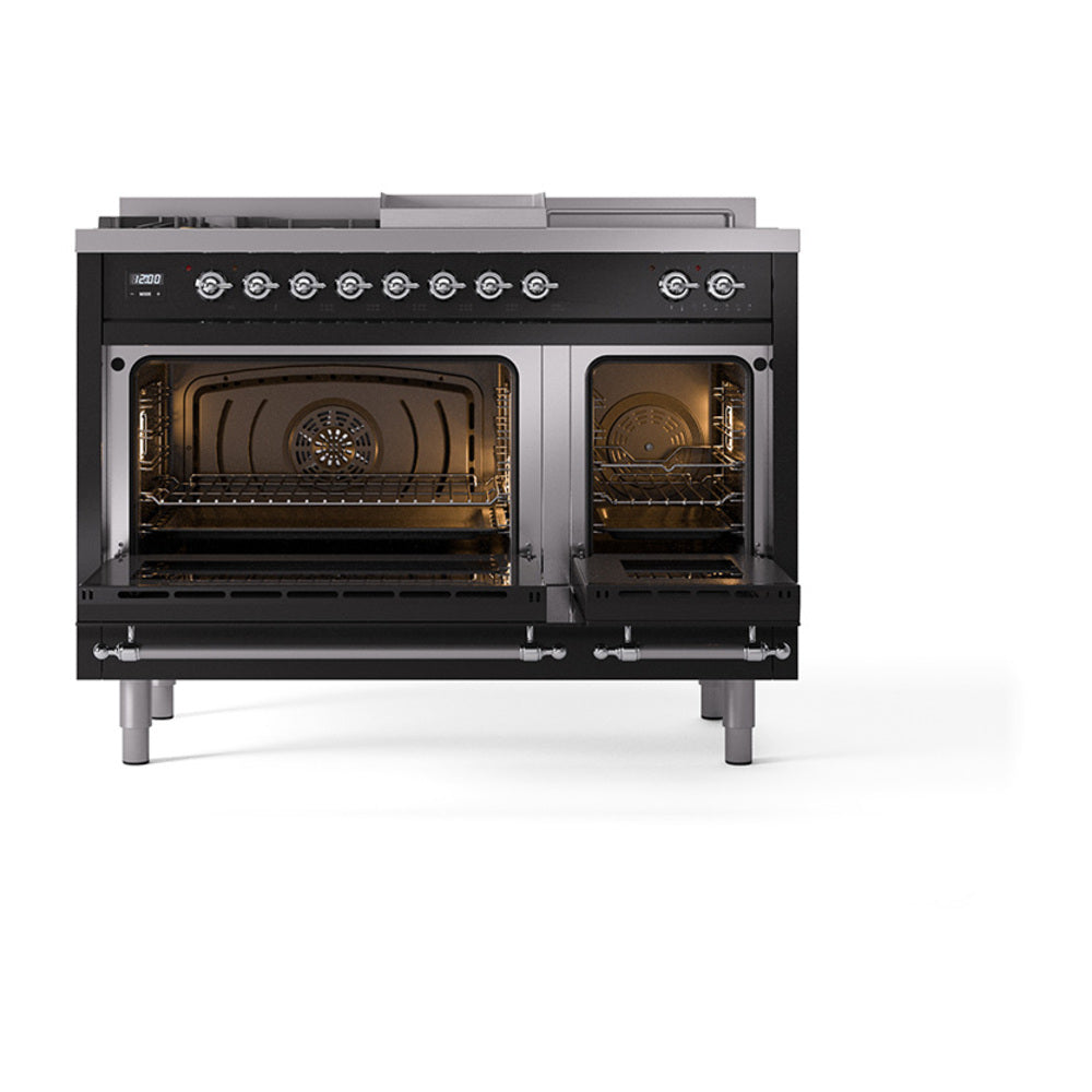 ILVE Nostalgie II Noblesse 48-Inch Propane Gas Dual Fuel Range with 5 Burners, Griddle, & French Top with Triple Glass Door Oven in Glossy Black with Chrome Trim (UN48FSNMPBKCLP)