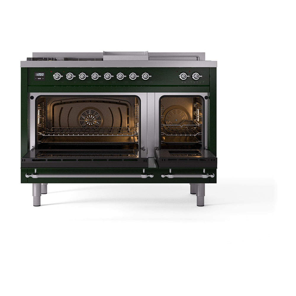 ILVE Nostalgie II Noblesse 48-Inch Propane Gas Dual Fuel Range with 5 Burners, Griddle, & French Top with Triple Glass Door Oven in Emerald Green with Chrome Trim (UN48FSNMPEGCLP)