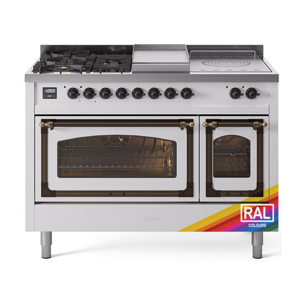 ILVE Nostalgie II Noblesse 48-Inch LP Dual Fuel Range, 5 Burners, Griddle, Custom RAL with Burnished Bronze Trim (UN48FSNMPRABLP)