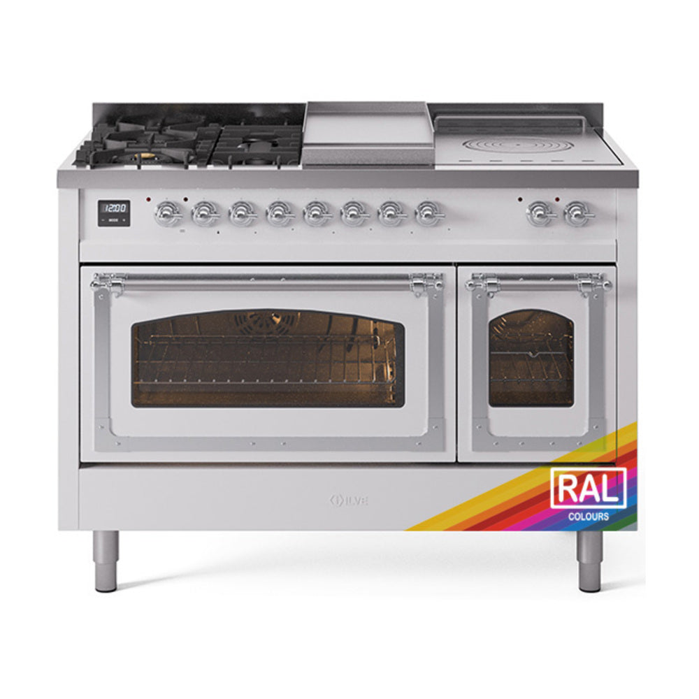 ILVE Nostalgie II Noblesse 48-Inch NG Dual Fuel Range, 5 Burners, Griddle, French Top, Custom RAL with Chrome Trim (UN48FSNMPRAC)