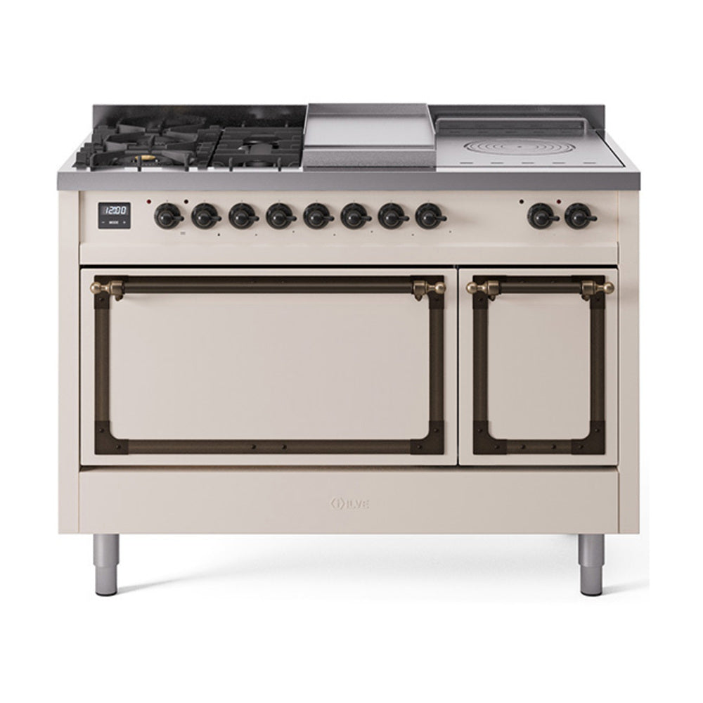 ILVE Nostalgie II Noblesse 48-Inch LP Dual Fuel Range, 5 Burners, Griddle, French Top, Antique White with Burnished Bronze Trim (UN48FSQNMPAWBLP)