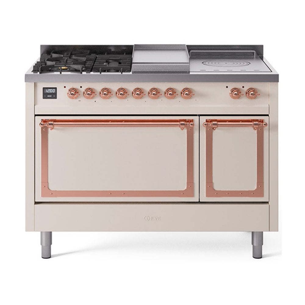 ILVE Nostalgie II Noblesse 48-Inch NG Dual Fuel Range, 5 Burners, Griddle, French Top, Solid Door, Antique White with Copper Trim (UN48FSQNMPAWP)