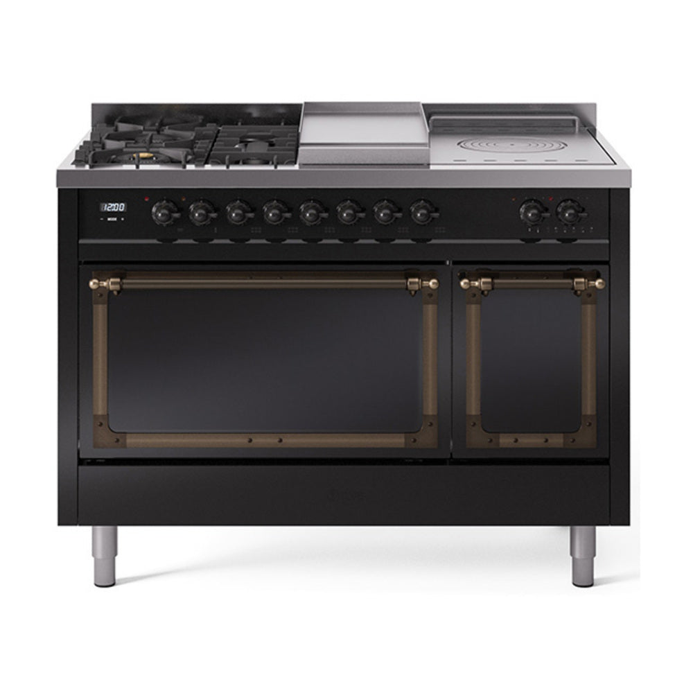 ILVE Nostalgie II Noblesse 48-Inch LP Dual Fuel Range, 5 Burners, Griddle, Glossy Black with Burnished Bronze Trim (UN48FSQNMPBKBLP)