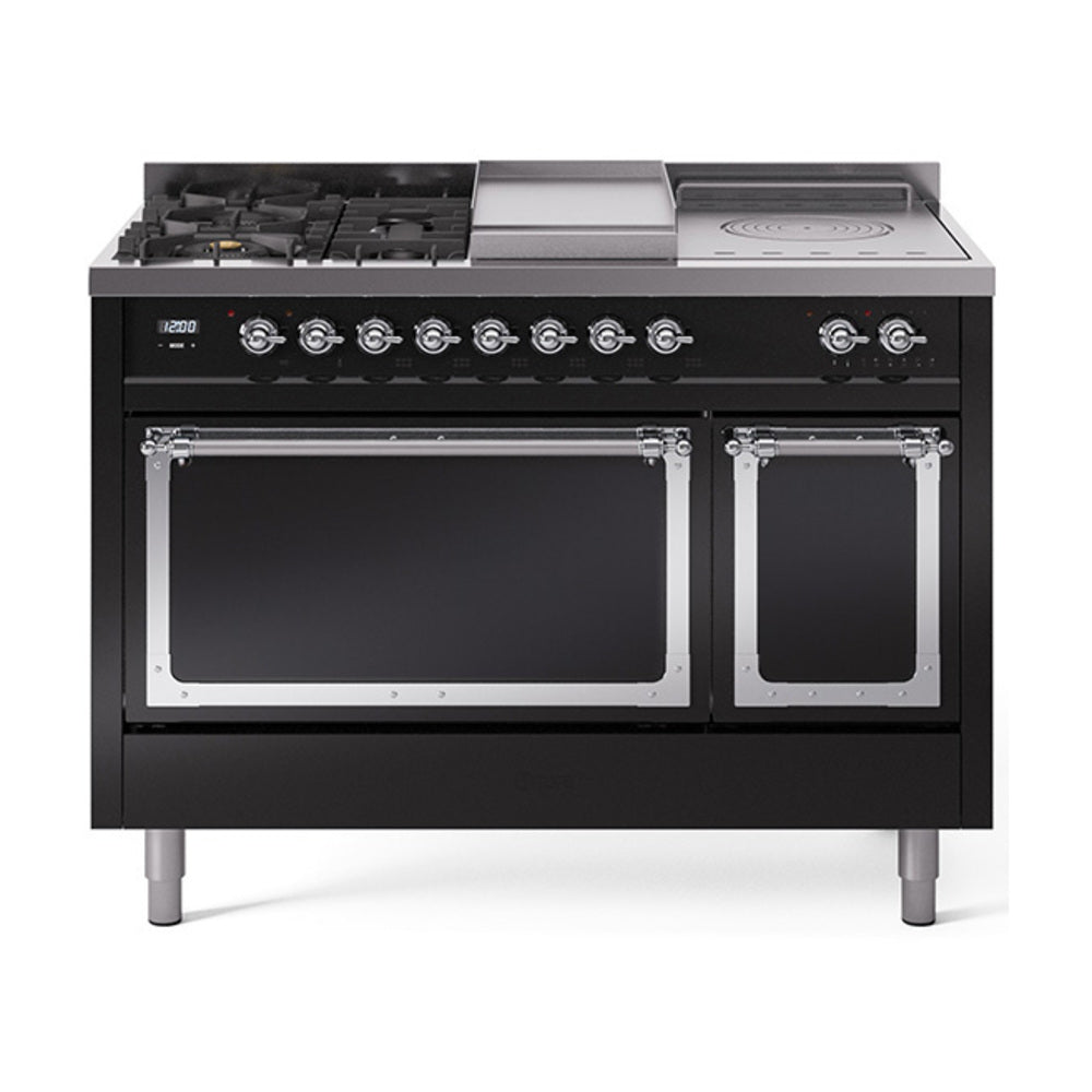 ILVE Nostalgie II Noblesse 48-Inch NG Dual Fuel Range, 5 Burners, Griddle, French Top, Solid Door, Glossy Black with Chrome Trim (UN48FSQNMPBKC)
