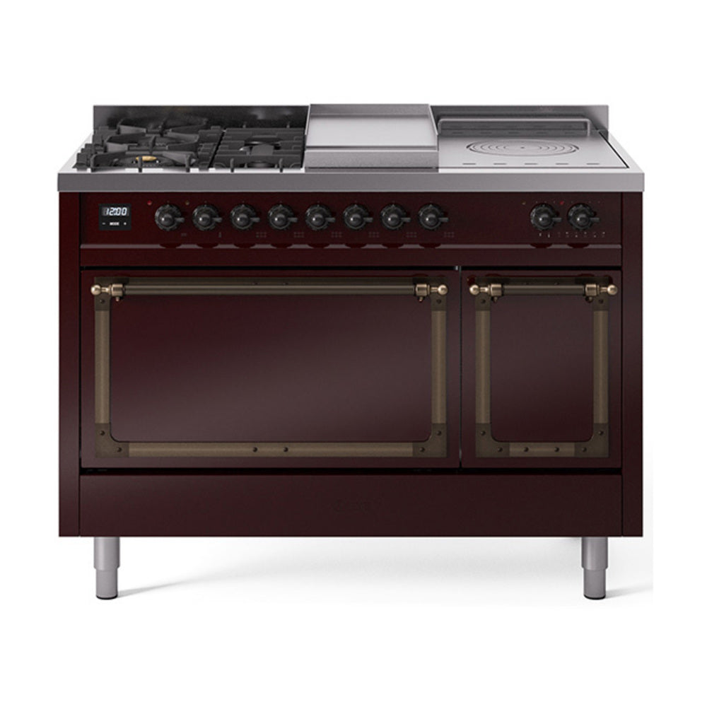 ILVE Nostalgie II Noblesse 48-Inch NG Dual Fuel Range, 5 Burners, Griddle, French Top, Burgundy with Burnished Bronze Trim (UN48FSQNMPBUB)