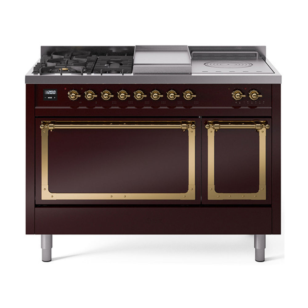 ILVE Nostalgie II Noblesse 48-Inch LP Dual Fuel Range, 5 Burners, Griddle, French Top, Burgundy with Brass Trim (UN48FSQNMPBUGLP)