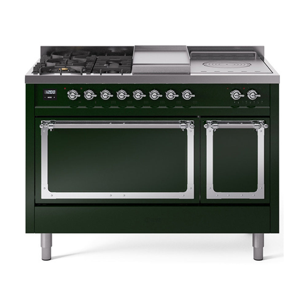 ILVE Nostalgie II Noblesse 48-Inch NG Dual Fuel Range, 5 Burners, Griddle, French Top, Solid Door, Emerald Green with Chrome Trim (UN48FSQNMPEGC)