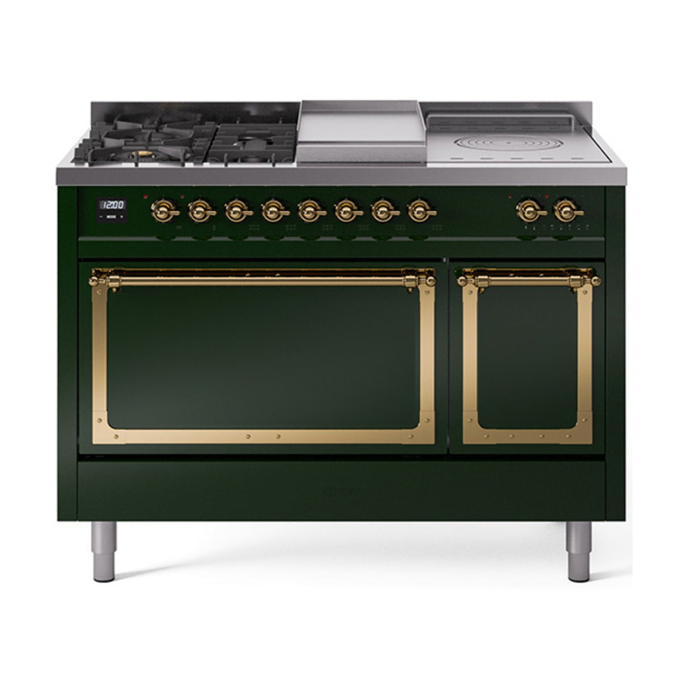 ILVE Nostalgie II Noblesse 48-Inch LP Dual Fuel Range, 5 Burners, Griddle, French Top, Emerald Green with Brass Trim (UN48FSQNMPEGGLP)