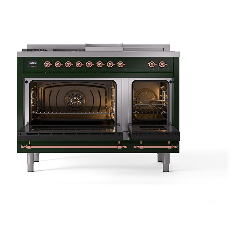 ILVE Nostalgie II Noblesse 48-Inch LP Dual Fuel Range, 5 Burners, Griddle, French Top, Emerald Green with Copper Trim (UN48FSQNMPEGPLP)
