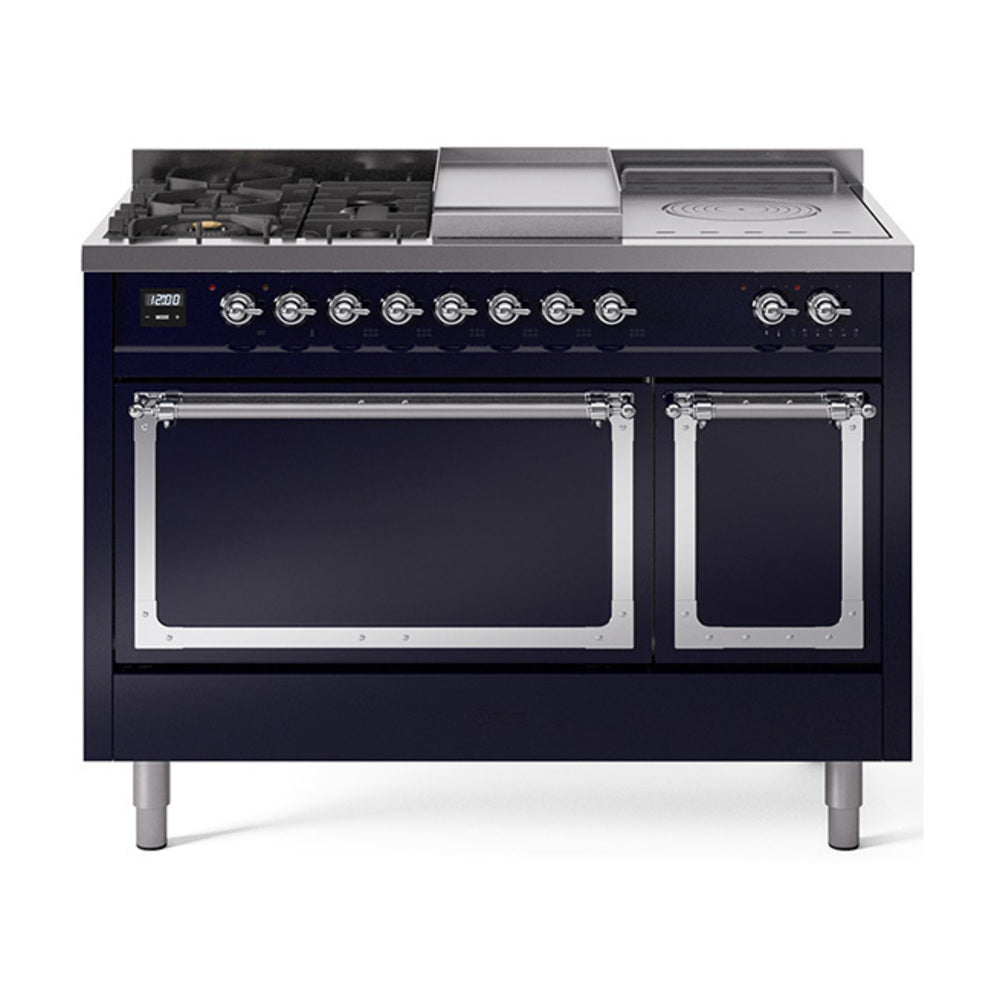 ILVE Nostalgie II Noblesse 48-Inch NG Dual Fuel Range, 5 Burners, Griddle, French Top, Solid Door, Midnight Blue with Chrome Trim (UN48FSQNMPMBC)