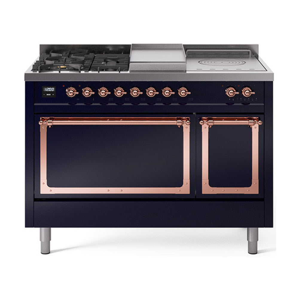 ILVE Nostalgie II Noblesse 48-Inch NG Dual Fuel Range, 5 Burners, Griddle, French Top, Solid Door, Midnight Blue with Copper Trim (UN48FSQNMPMBP)