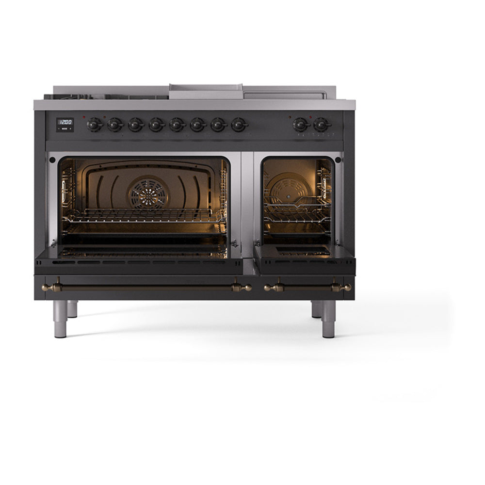 ILVE Nostalgie II Noblesse 48-Inch LP Dual Fuel Range, 5 Burners, Griddle, Matte Graphite with Burnished Bronze Trim (UN48FSQNMPMGBLP)