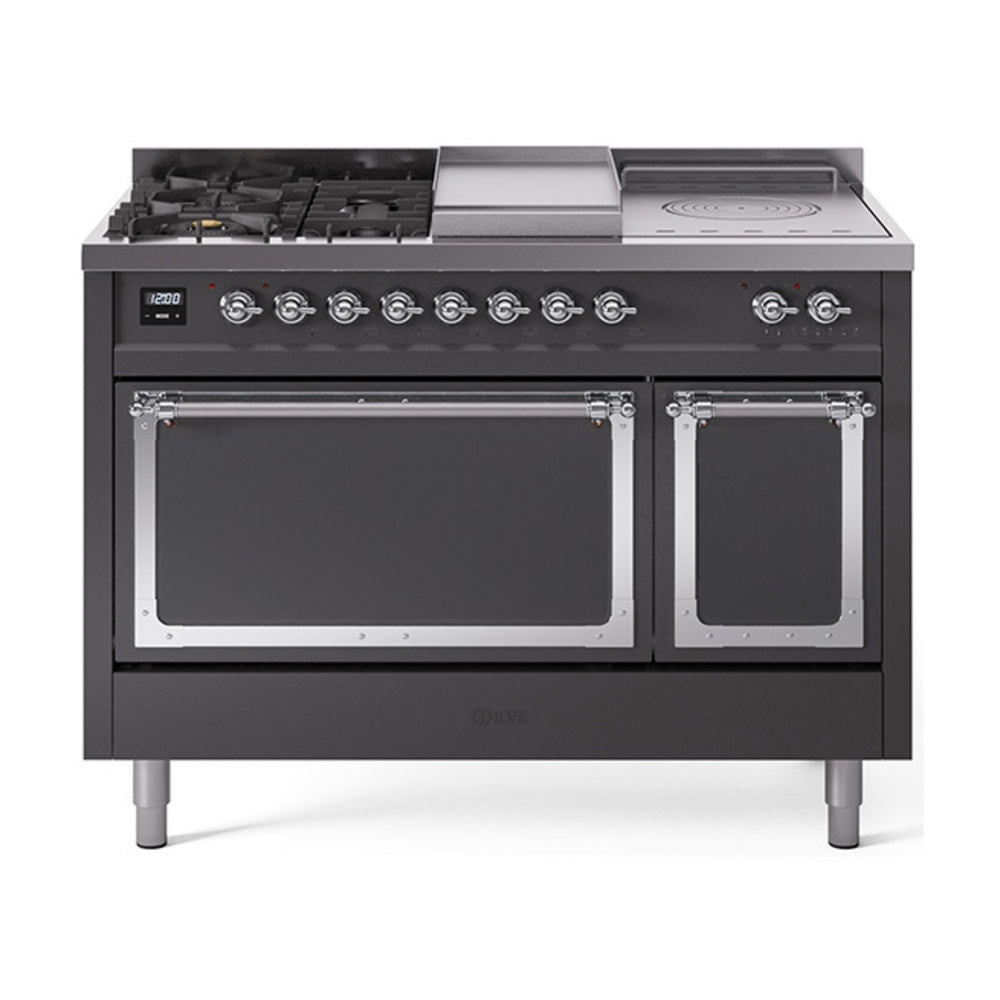 ILVE Nostalgie II Noblesse 48-Inch LP Dual Fuel Range, 5 Burners, Griddle, French Top, Matte Graphite with Chrome Trim (UN48FSQNMPMGCLP)