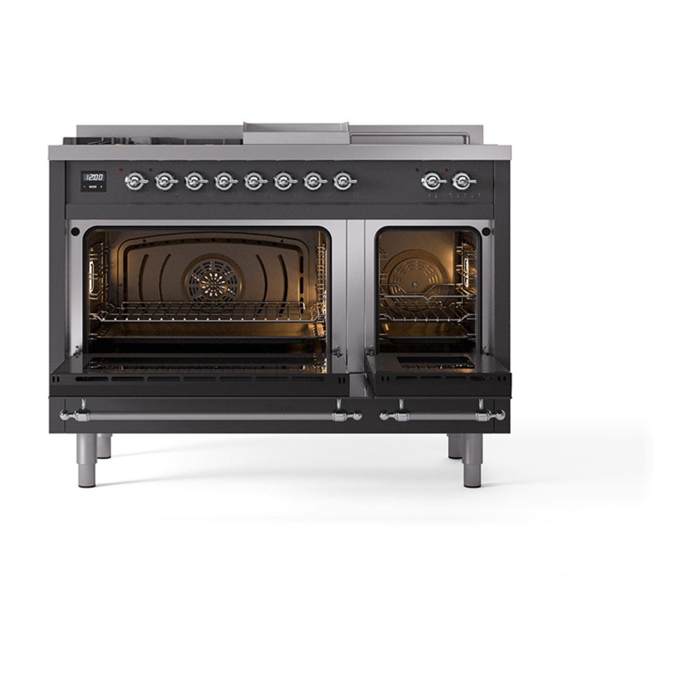 ILVE Nostalgie II Noblesse 48-Inch LP Dual Fuel Range, 5 Burners, Griddle, French Top, Matte Graphite with Chrome Trim (UN48FSQNMPMGCLP)