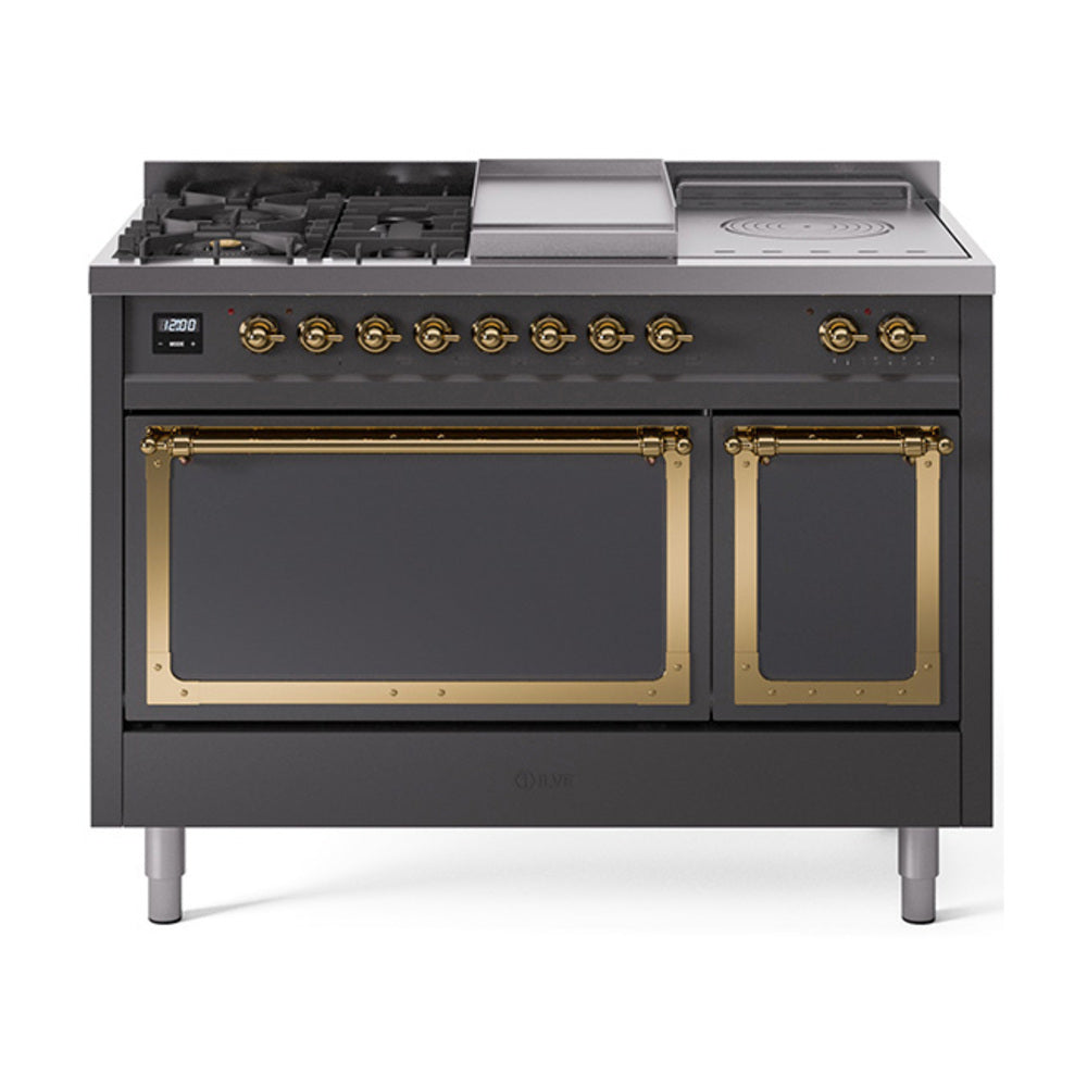 ILVE Nostalgie II Noblesse 48-Inch NG Dual Fuel Range, 5 Burners, Griddle, French Top, Solid Door, Matte Graphite with Brass Trim (UN48FSQNMPMGG)