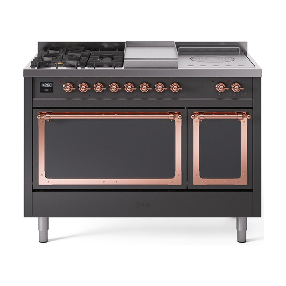ILVE Nostalgie II Noblesse 48-Inch LP Dual Fuel Range, 5 Burners, Griddle, French Top, Matte Graphite with Copper Trim (UN48FSQNMPMGPLP)