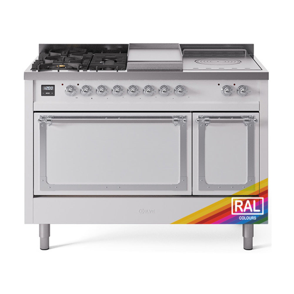 ILVE Nostalgie II Noblesse 48-Inch NG Dual Fuel Range, 5 Burners, Griddle, French Top, Solid Door, Custom RAL with Chrome Trim (UN48FSQNMPRAC)
